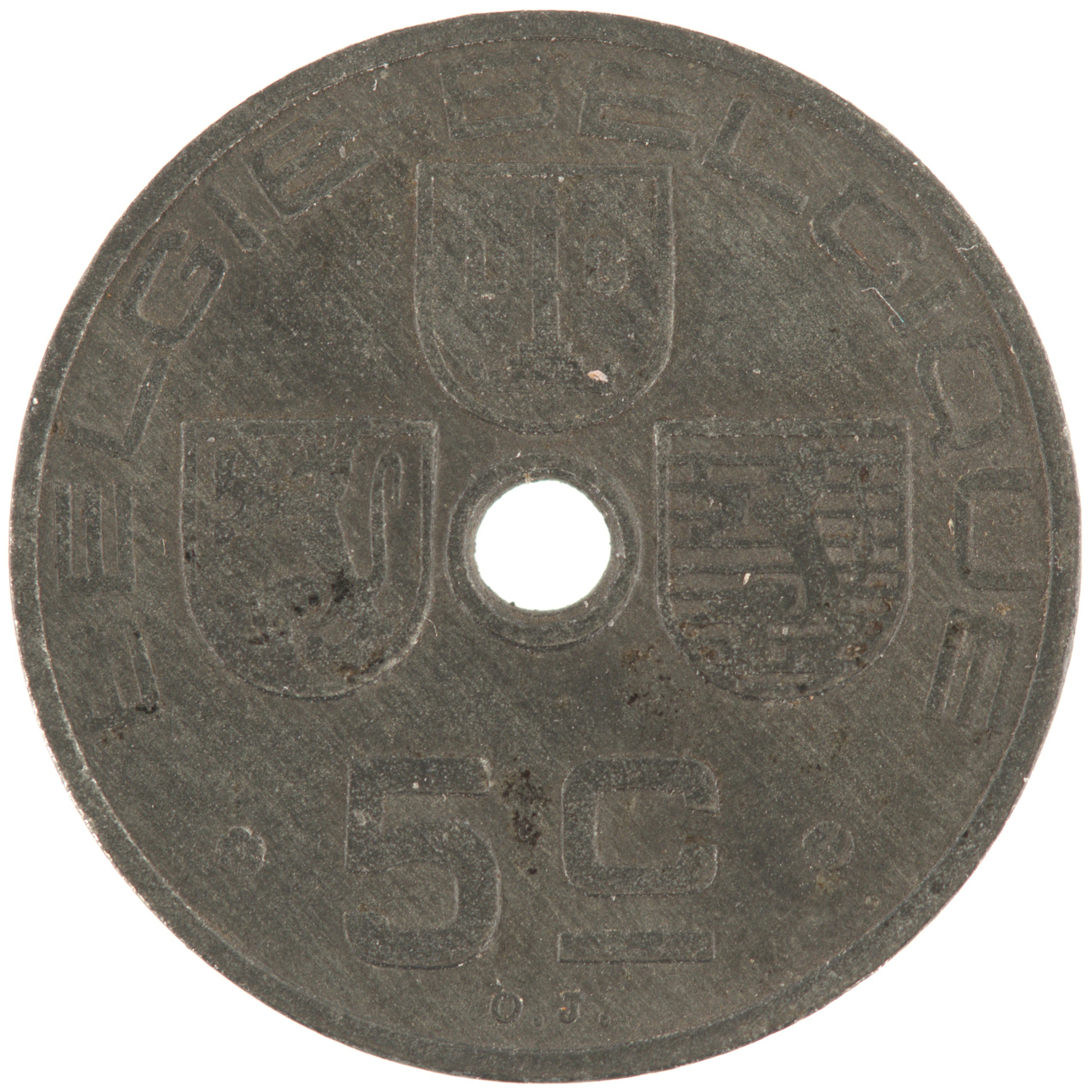 Belgique - Pièce 5 Centimes (ou 5 Centiemen) 1941 zinc - Ecus / Monogramme de Léopold III, nom du pays émetteur en néerlandais à gauche – Image 2