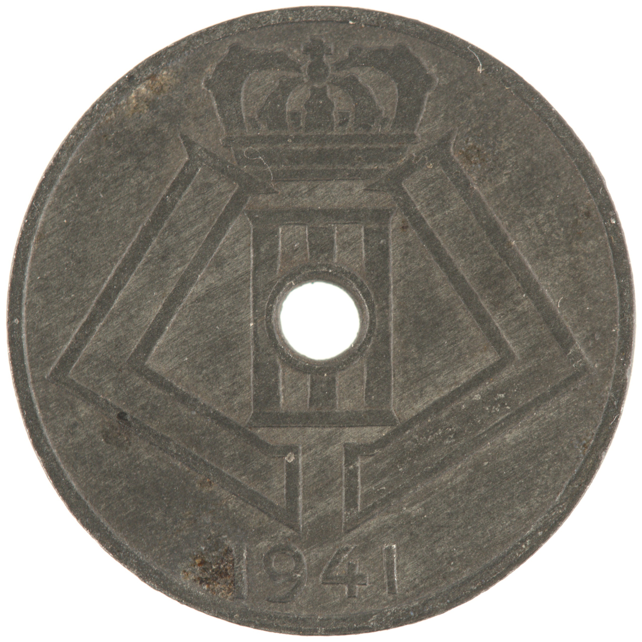 Belgique - Pièce 5 Centimes (ou 5 Centiemen) 1941 zinc - Ecus / Monogramme de Léopold III, nom du pays émetteur en néerlandais à gauche