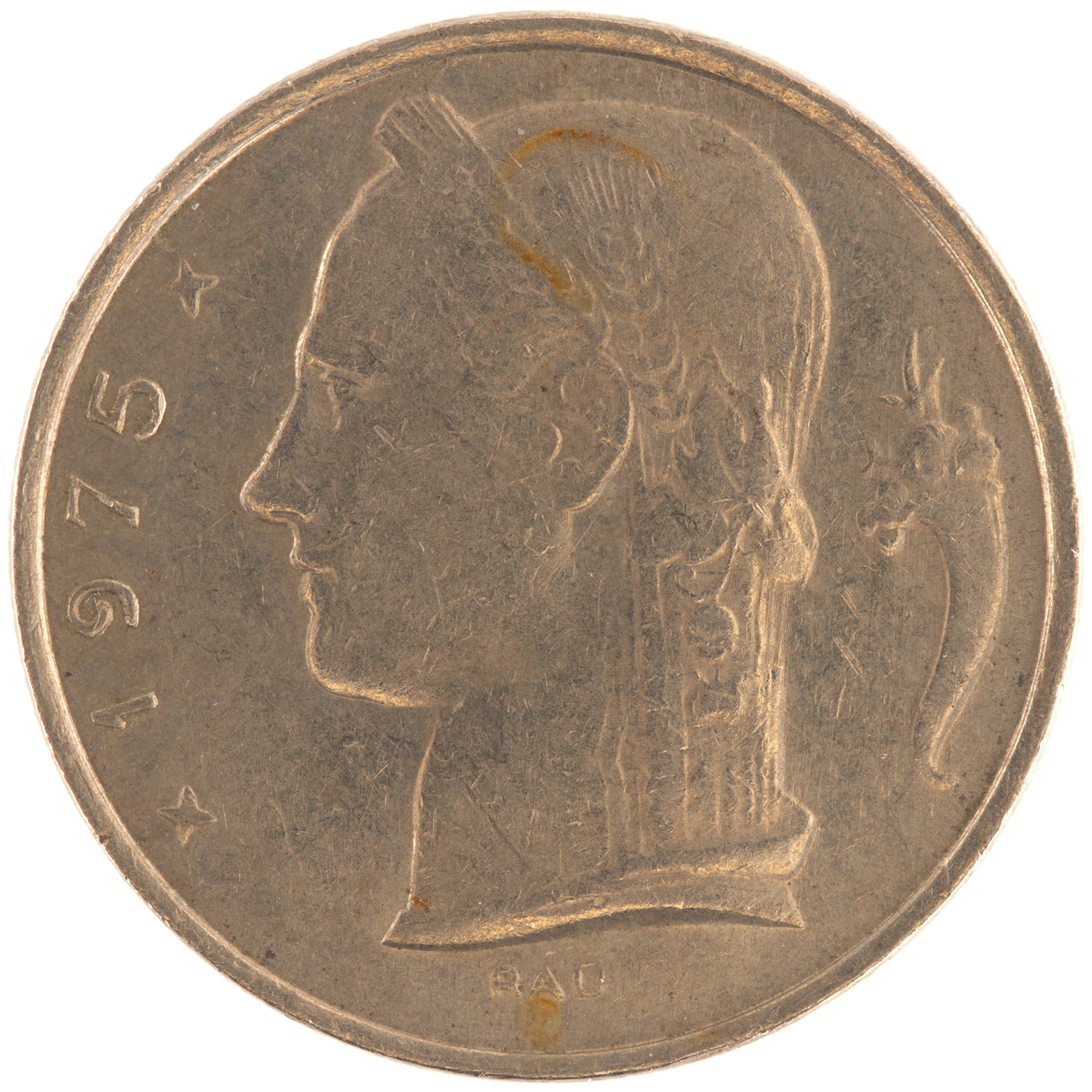 Belgique - Pièce 5 Francs 1975 cupro-nickel - Cérès / Rameau de chêne couronné, nom du pays émetteur en néerlandais