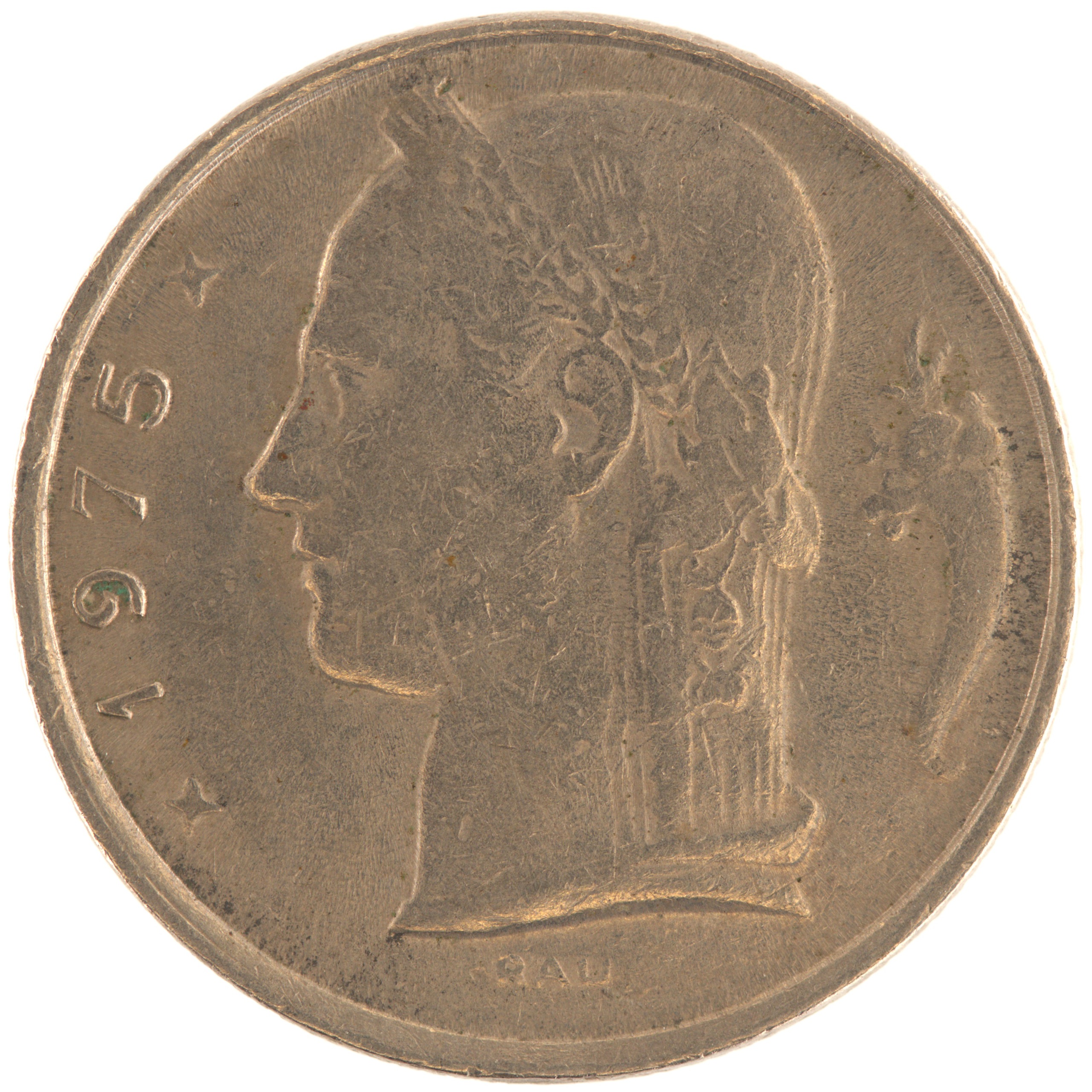 Belgique - Pièce 5 Francs 1975 cupro-nickel - Cérès / Rameau de chêne couronné, nom du pays émetteur en néerlandais