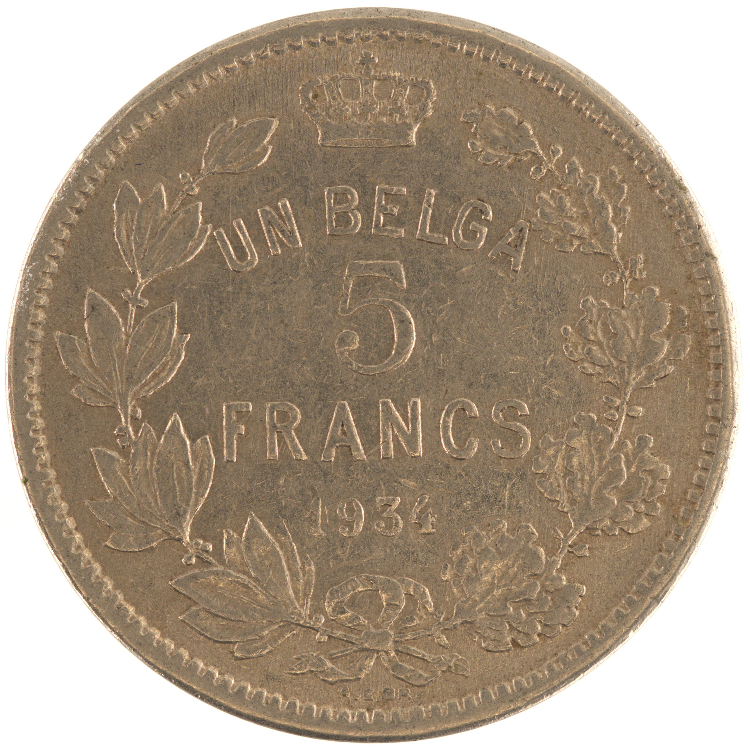 Belgique - Pièce 5 Francs, soit Un Belga 1934 nickel - Albert (tranche B)
