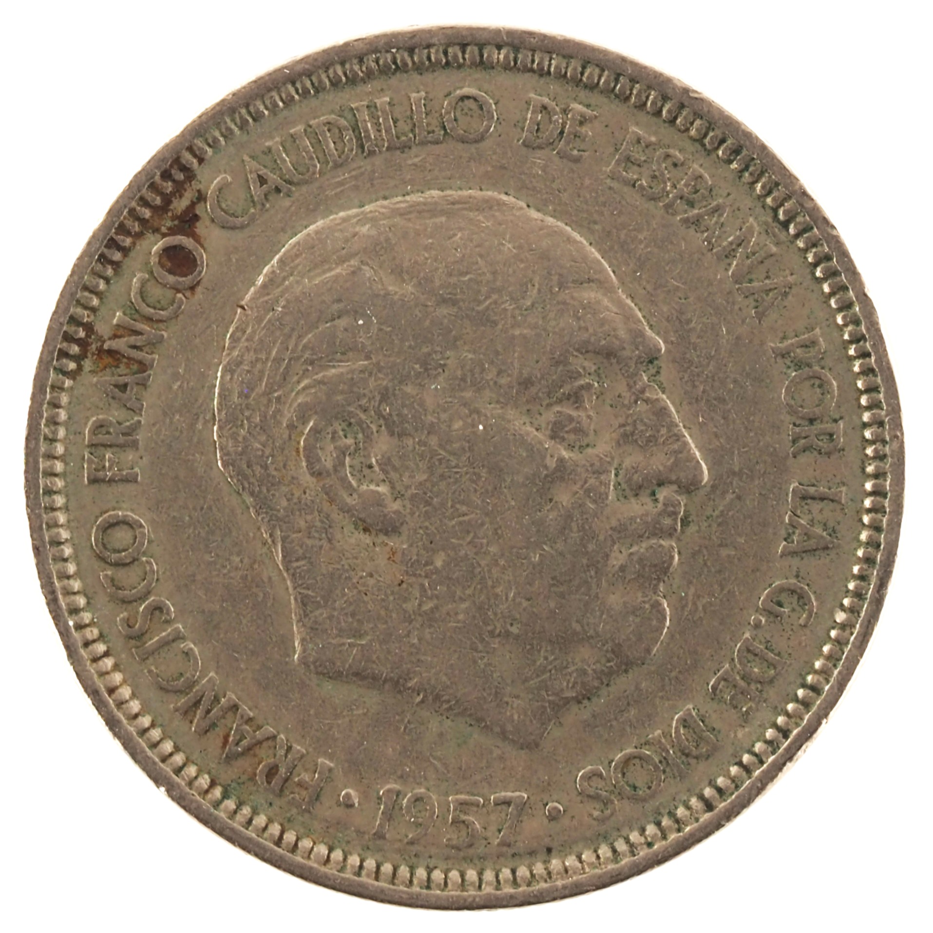Espagne - Pièce 5 Pesetas 1957 cupro-nickel - Francisco Franco / Armoiries de l'Etat Espagnol (68 dans l'étoile) – Image 2