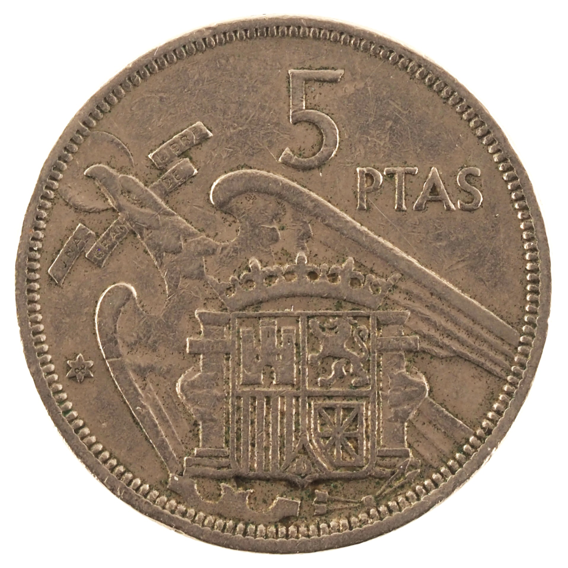 Espagne - Pièce 5 Pesetas 1957 cupro-nickel - Francisco Franco / Armoiries de l'Etat Espagnol (68 dans l'étoile)