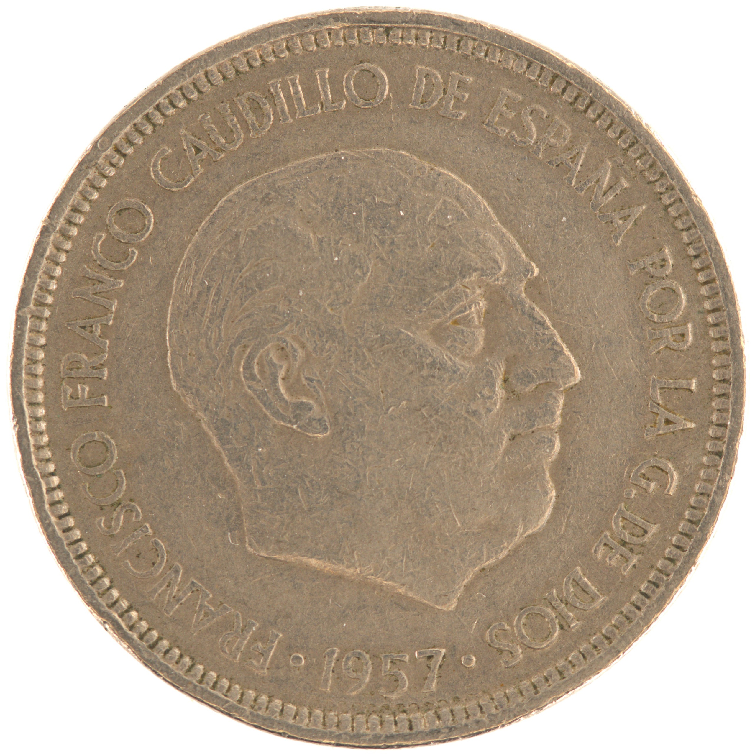 Espagne - Pièce 5 Pesetas 1957 cupro-nickel - Francisco Franco / Armoiries de l'Etat Espagnol (70 dans l'étoile) – Image 2