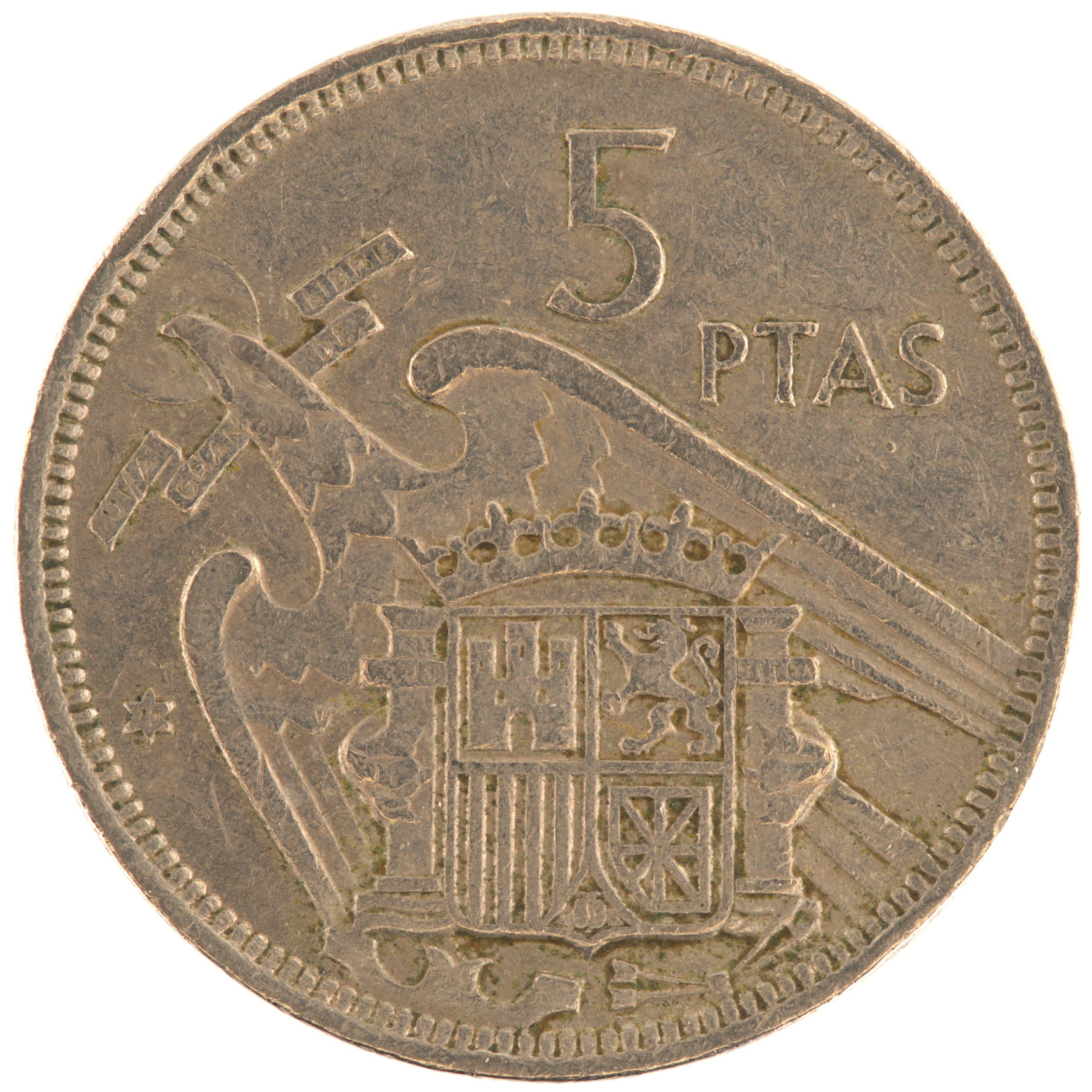 Espagne - Pièce 5 Pesetas 1957 cupro-nickel - Francisco Franco / Armoiries de l'Etat Espagnol (70 dans l'étoile)