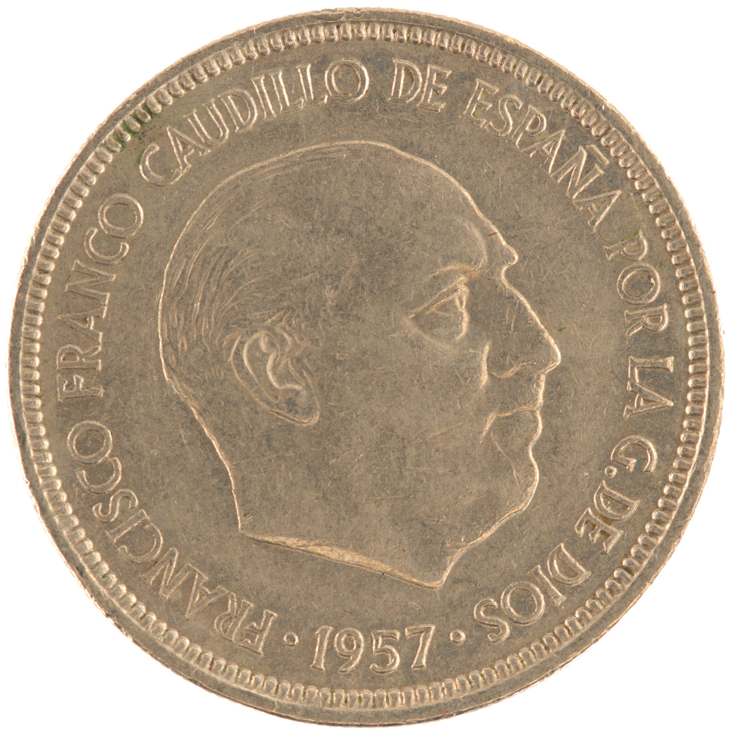 Espagne - Pièce 5 Pesetas 1957 cupro-nickel - Francisco Franco / Armoiries de l'Etat Espagnol (74 dans l'étoile) – Image 2