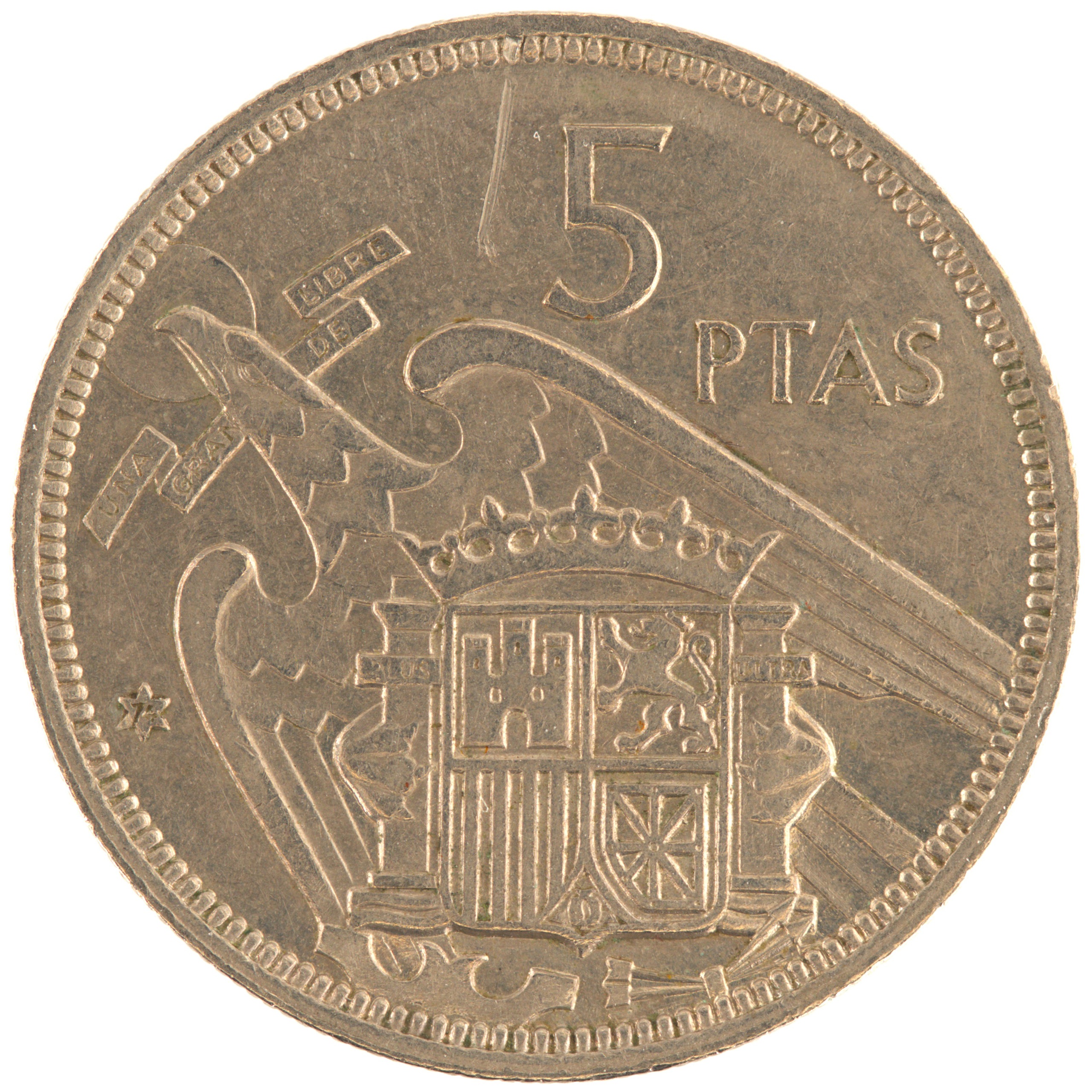 Espagne - Pièce 5 Pesetas 1957 cupro-nickel - Francisco Franco / Armoiries de l'Etat Espagnol (74 dans l'étoile)