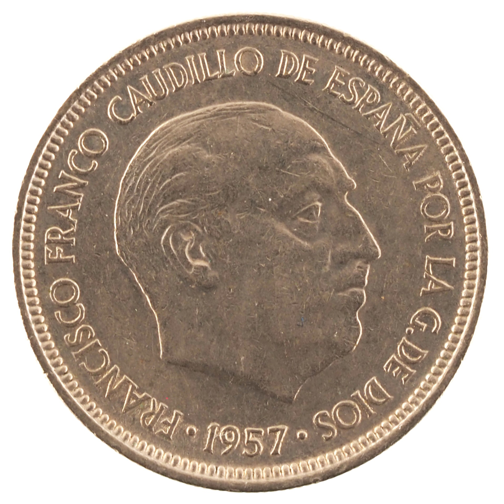 Espagne - Pièce 5 Pesetas 1957 cupro-nickel - Francisco Franco / Armoiries de l'Etat Espagnol (75 dans l'étoile) – Image 2