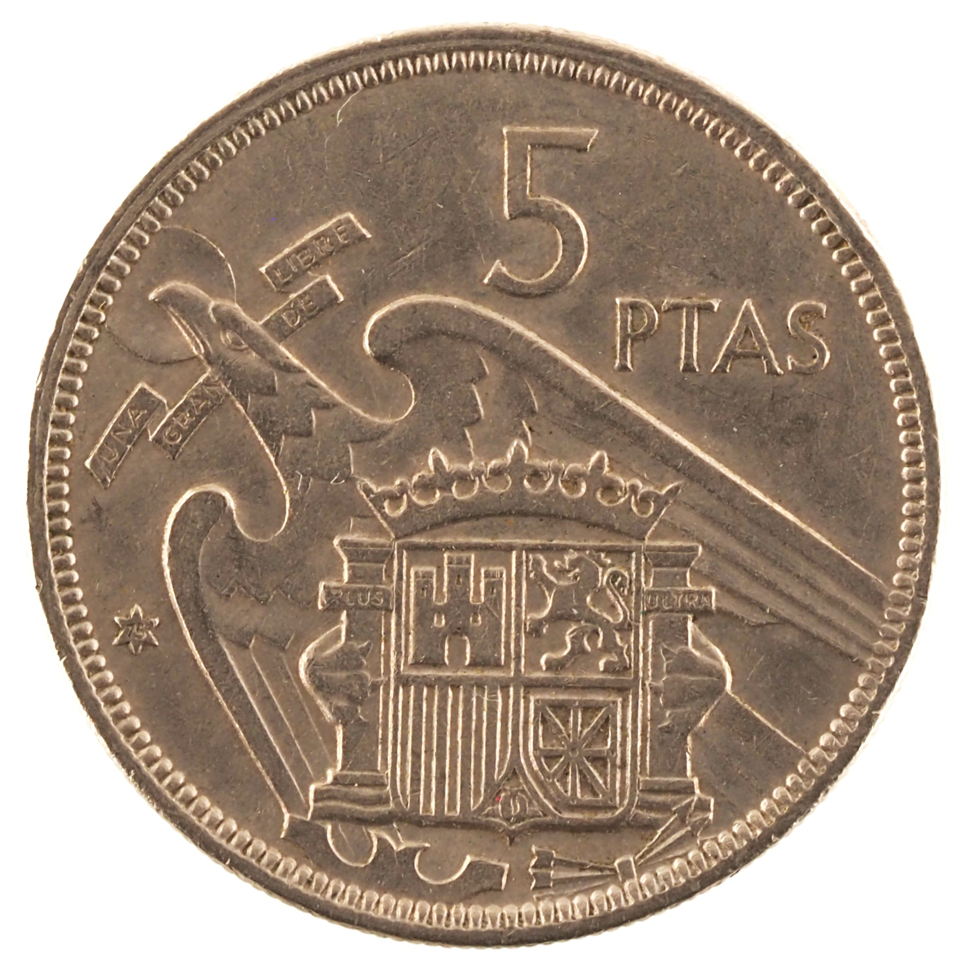 Espagne - Pièce 5 Pesetas 1957 cupro-nickel - Francisco Franco / Armoiries de l'Etat Espagnol (75 dans l'étoile)