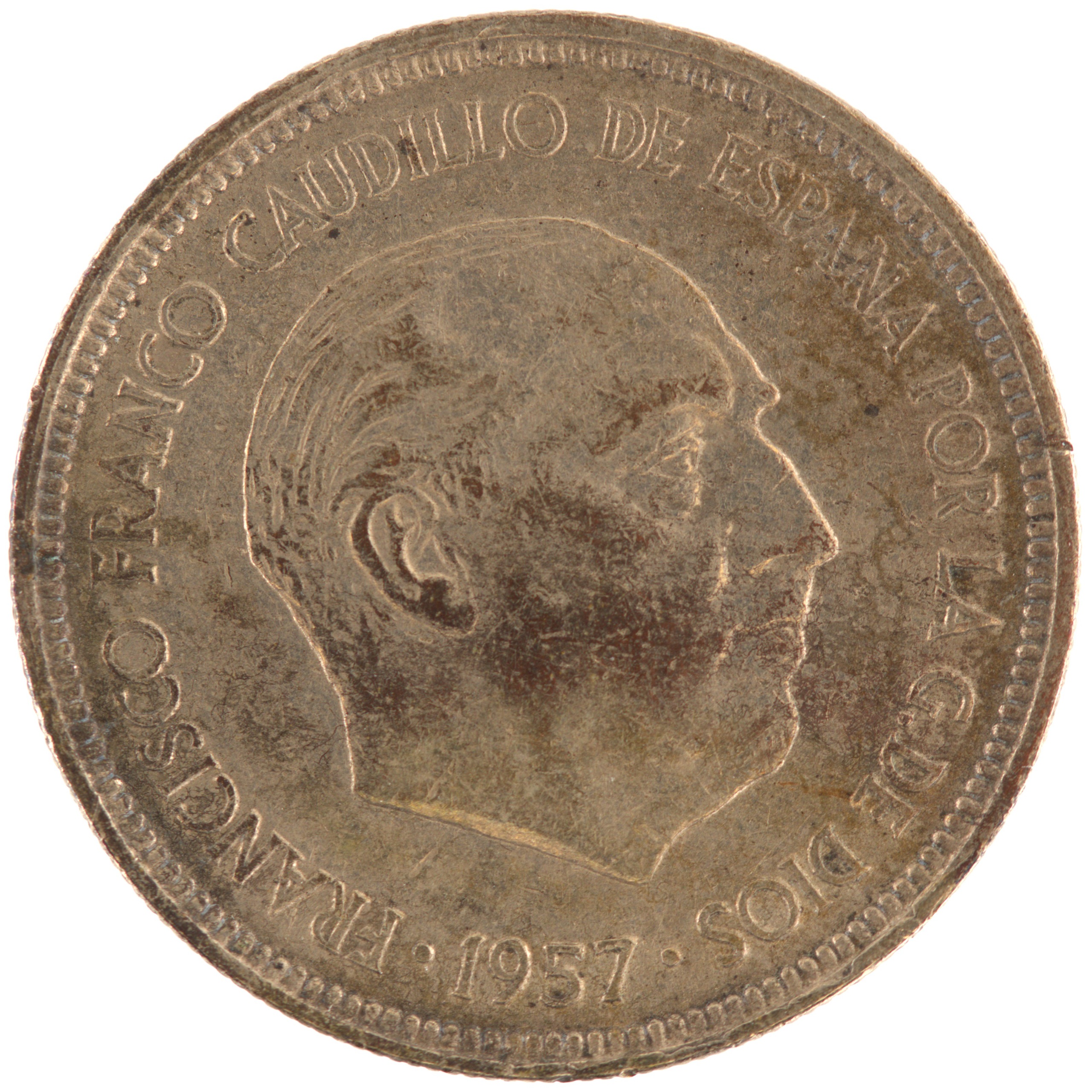 Espagne - Pièce 5 Pesetas 1957 cupro-nickel - Francisco Franco / Armoiries de l'Etat Espagnol (59 dans l'étoile) – Image 2