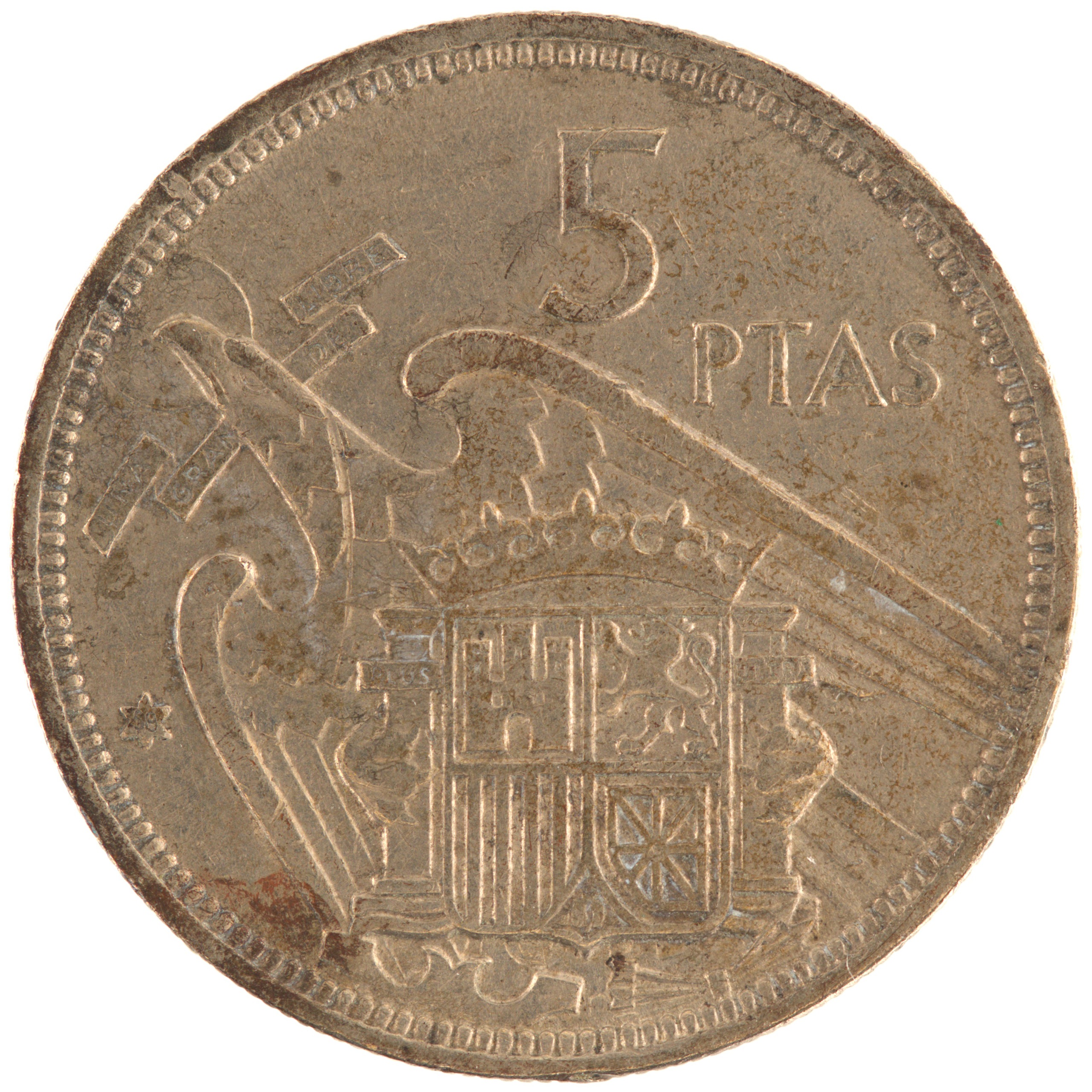 Espagne - Pièce 5 Pesetas 1957 cupro-nickel - Francisco Franco / Armoiries de l'Etat Espagnol (59 dans l'étoile)