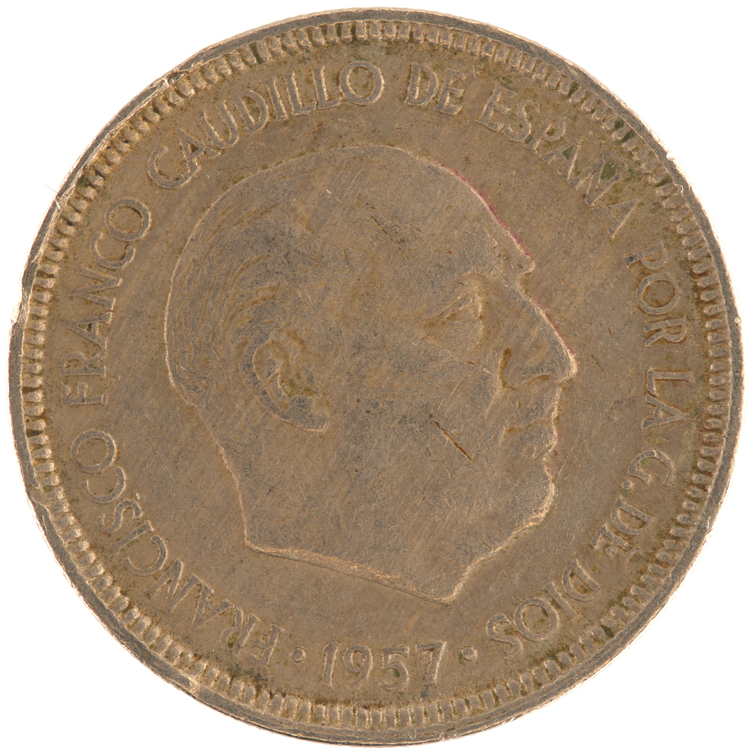 Espagne - Pièce 5 Pesetas 1957 cupro-nickel - Francisco Franco / Armoiries de l'Etat Espagnol (63 dans l'étoile) – Image 2