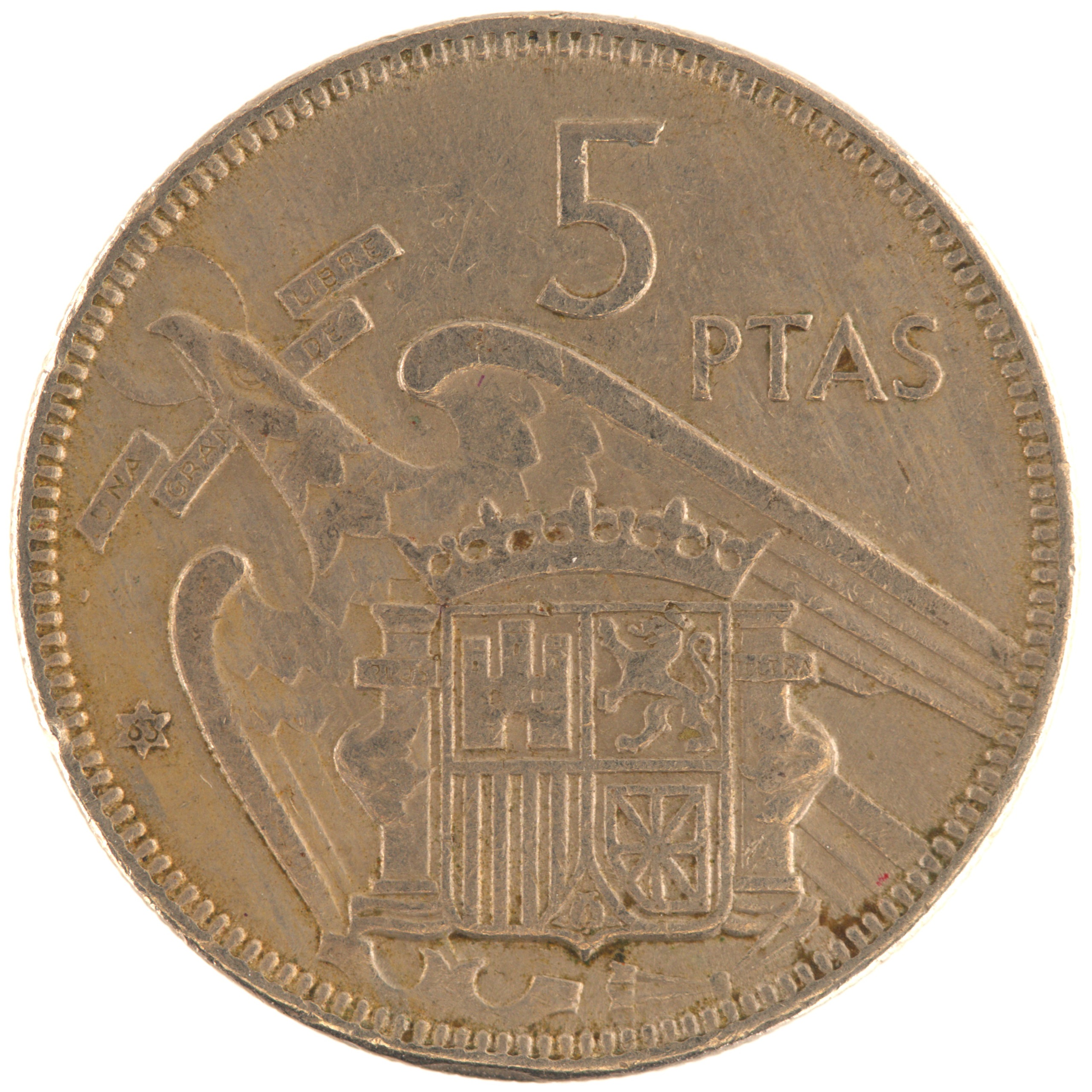 Espagne - Pièce 5 Pesetas 1957 cupro-nickel - Francisco Franco / Armoiries de l'Etat Espagnol (63 dans l'étoile)