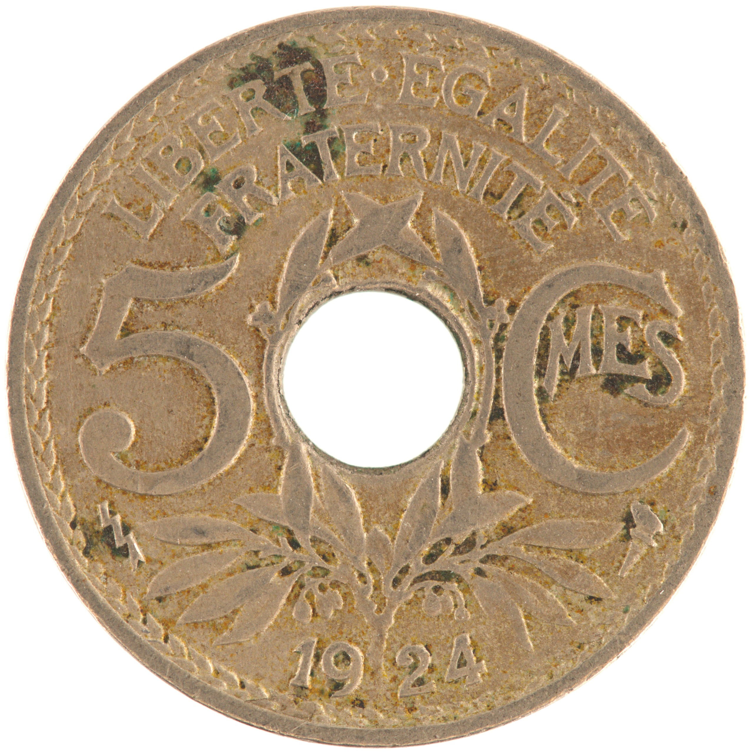 France - Pièce 5 Centimes 1924 cupro-nickel - Lindauer, petit module (éclair)